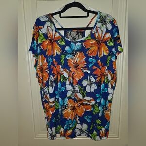 Tropical Floral Women's Top - Blue, Orange, White Pit to Pit 25 Plus